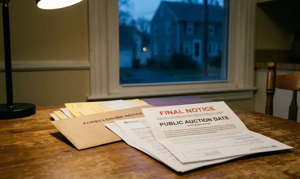 Foreclosure notice and auction documents on a wooden table with a lamp.