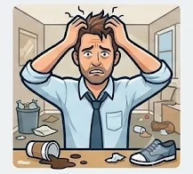 Frustrated man in a messy room with clutter and trash.
