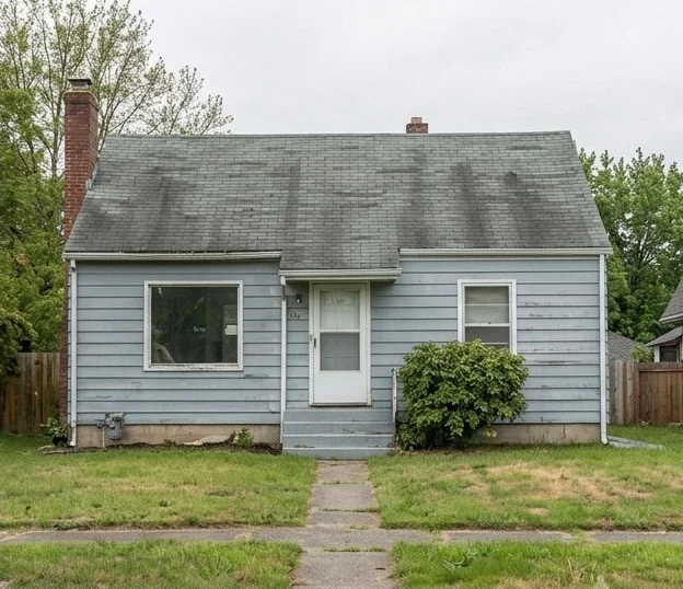 Charming blue house for sale with a sloped roof and overgrown front yard.