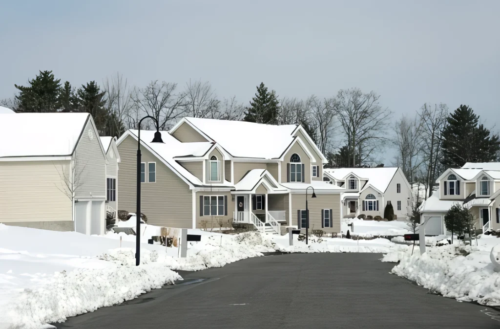 Snow-covered residential street in Middleboro, MA with modern homes.