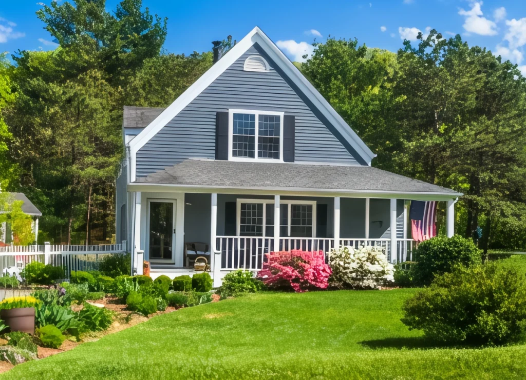 Charming blue Plymouth home with porch and colorful landscaping.