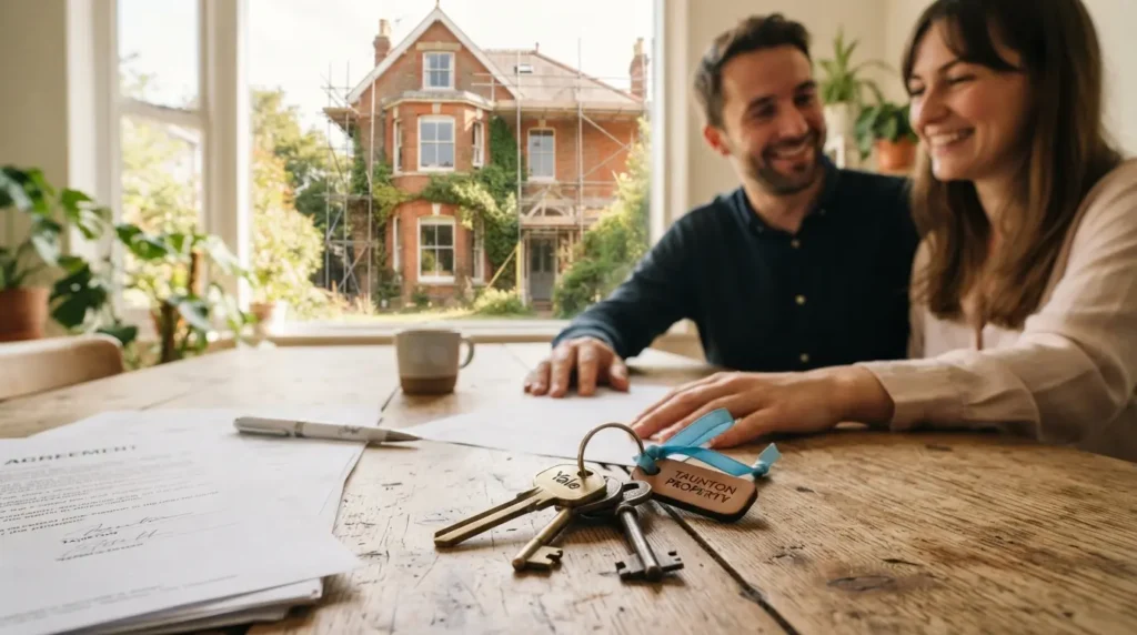 A happy couple closing an agreement to sell a house that needs major repairs in Taunton, with a distressed property visible through the window.