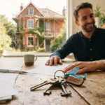 A happy couple closing an agreement to sell a house that needs major repairs in Taunton, with a distressed property visible through the window.