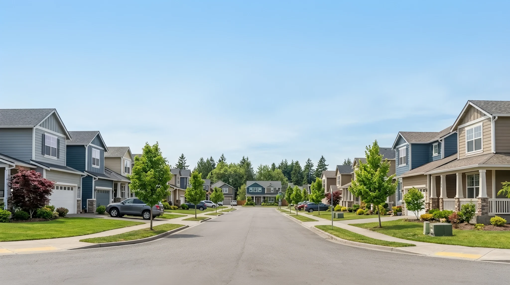 Quiet suburban street lined with houses and trees under a clear blue sky.