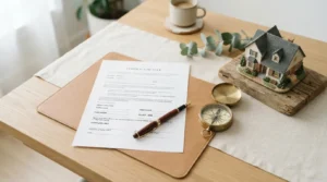 Contract of sale on a wooden table with a compass and decorative house model.