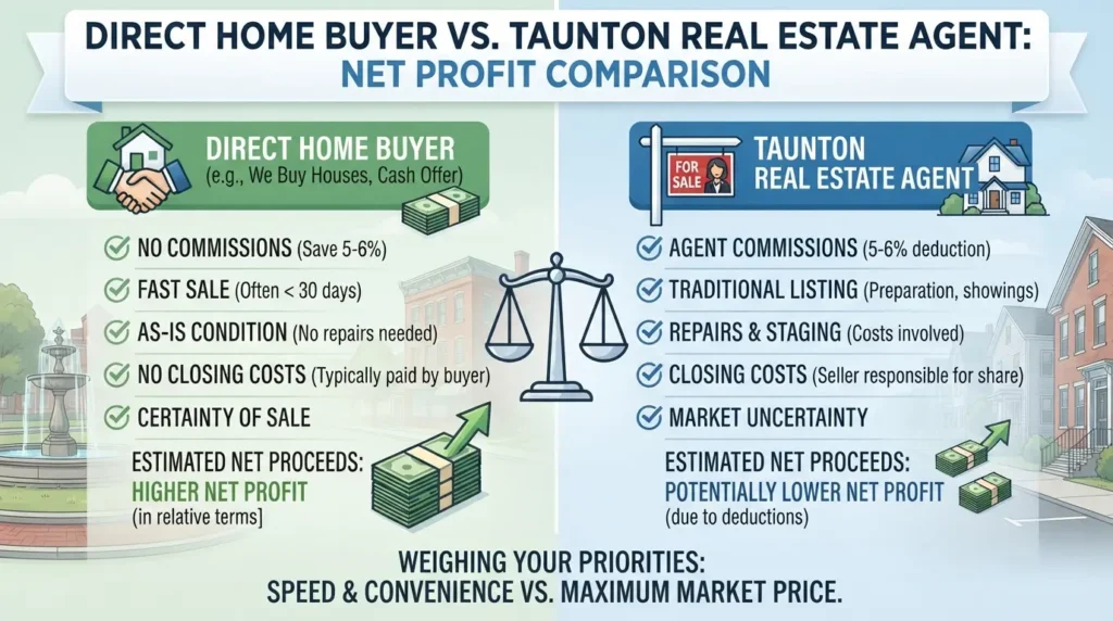 Comparison infographic showing net profit, commissions, repairs, and timelines of selling to a direct home buyer vs listing with a Taunton real estate agent.
