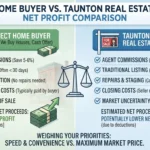 Comparison infographic showing net profit, commissions, repairs, and timelines of selling to a direct home buyer vs listing with a Taunton real estate agent.