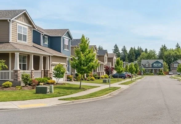 Tranquil suburban street lined with modern houses and green trees