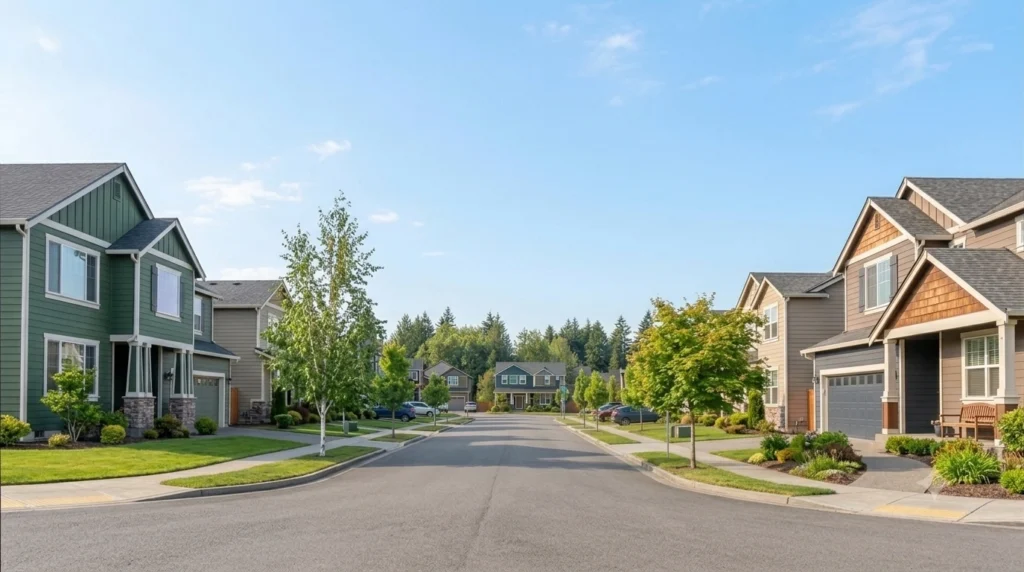 Quiet suburban street lined with modern homes and lush greenery.