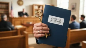 Hand holding a document titled 'Executor Authority' with a key in a courtroom setting.
