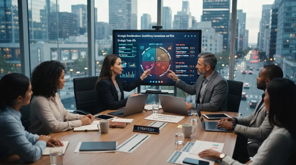 Business meeting with a presentation on strategic considerations in a modern conference room.