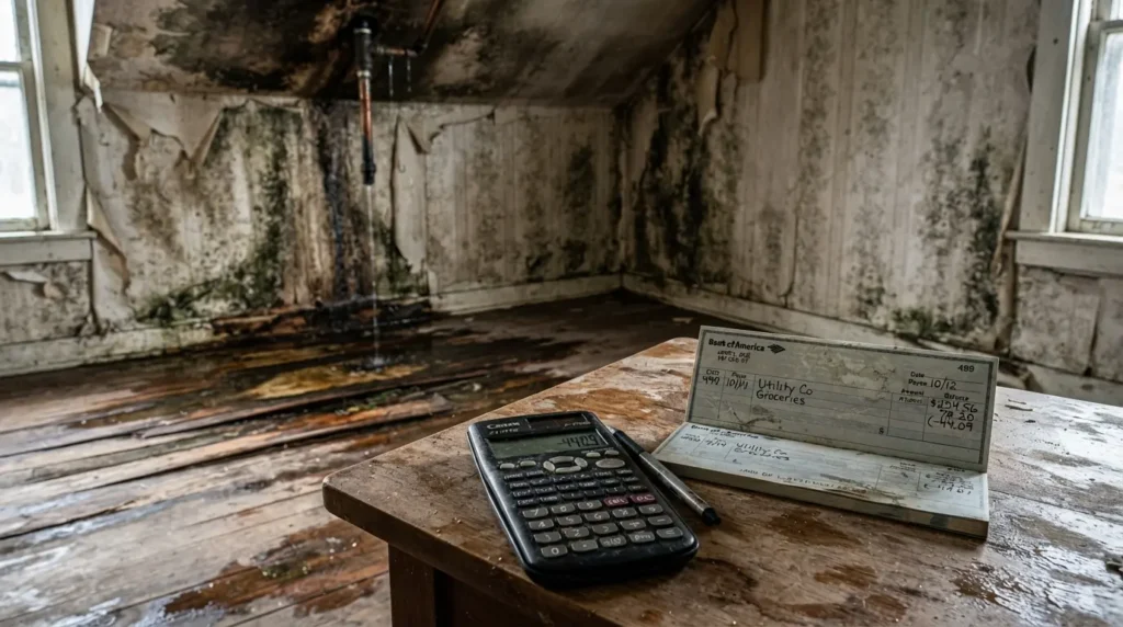 Abandoned room with water damage, a calculator, and a check on a wooden table.