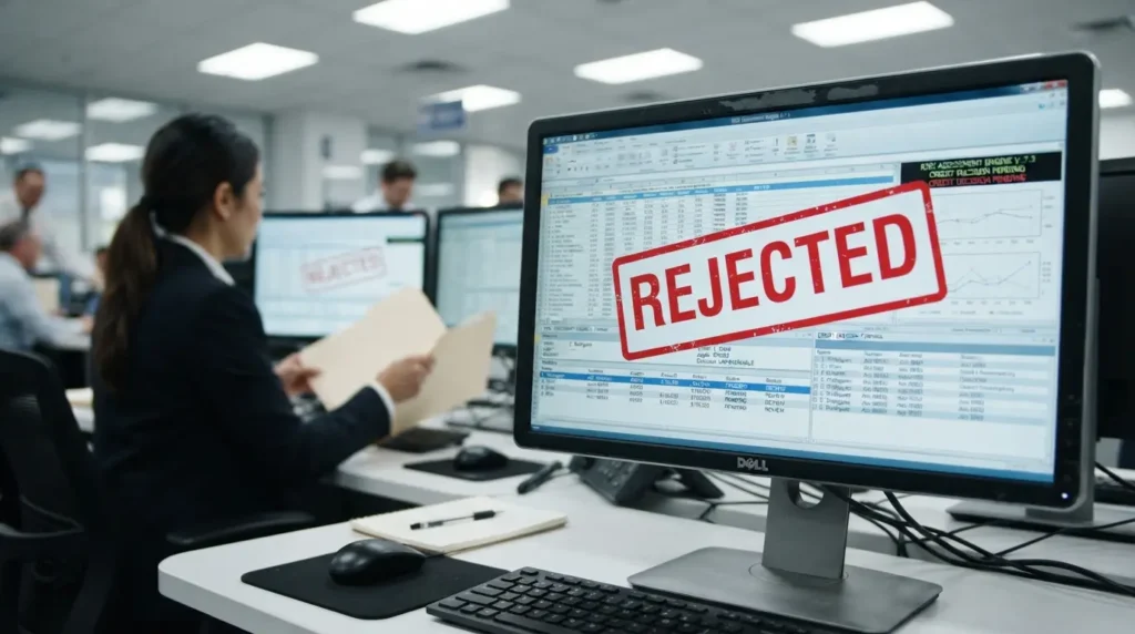 Computer screen displaying a 'REJECTED' stamp in an office environment.