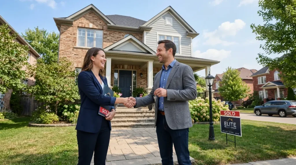 Realtor and client shaking hands in front of a sold house.