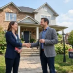 Realtor and client shaking hands in front of a sold house.