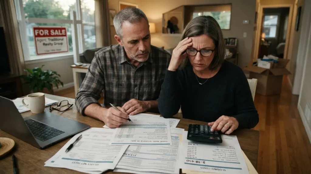 Couple reviewing financial documents at a table with a calculator and laptop.