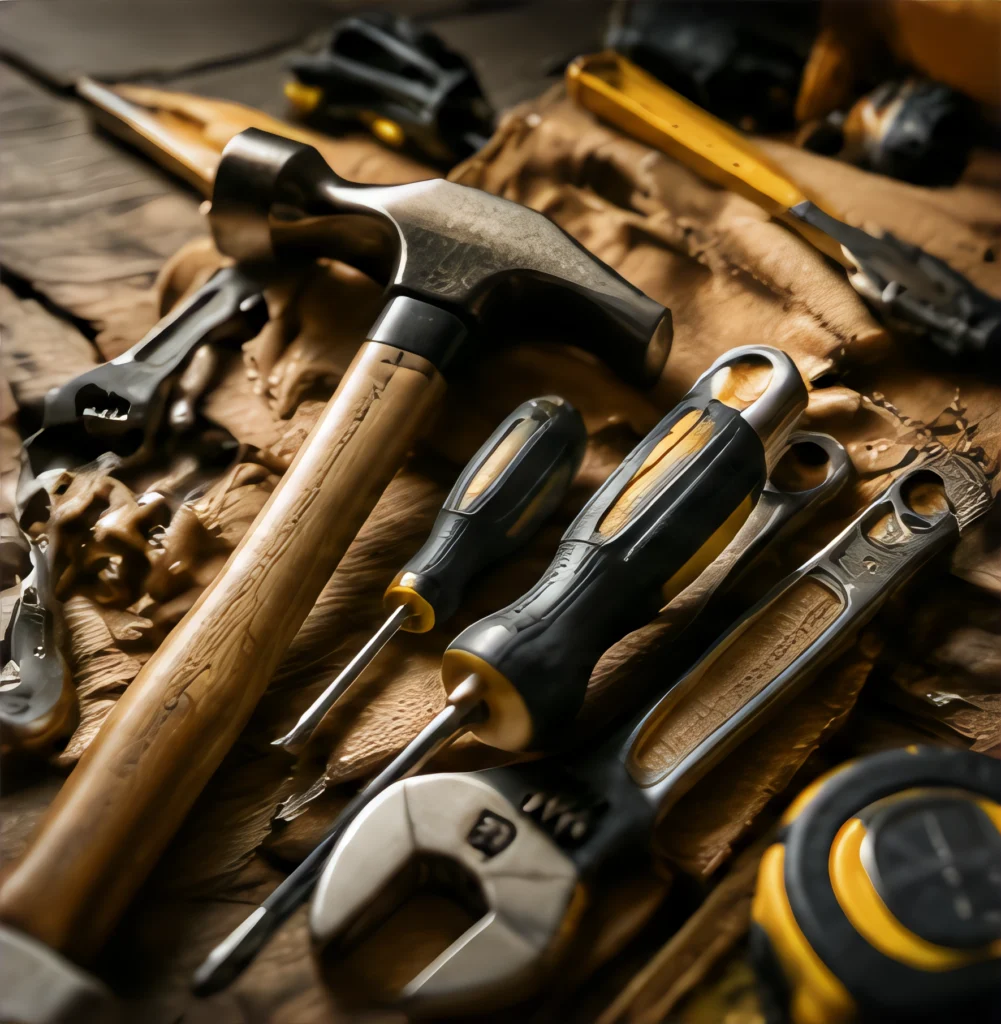 Assorted carpentry tools including a hammer, screwdrivers, and pliers on a wooden surface.
