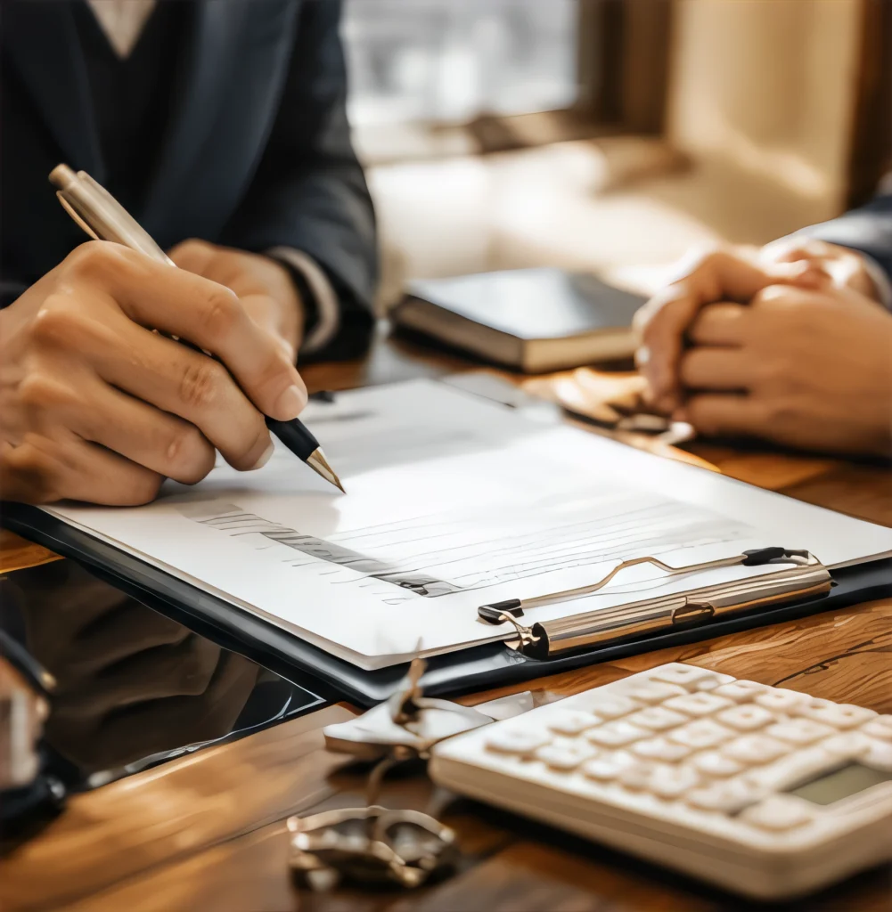 Hands signing a document about closing costs with a calculator nearby.