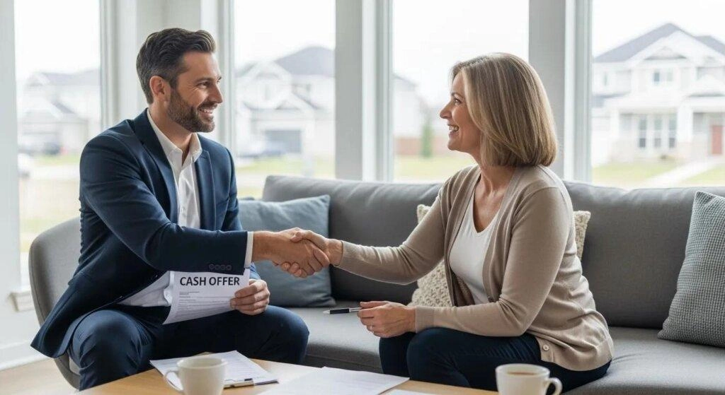 Two people shaking hands in a cozy living room with a cash offer document.