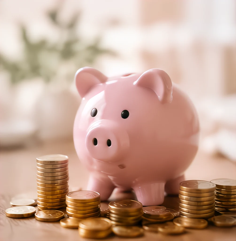 Pink piggy bank surrounded by stacks of coins on a wooden surface.