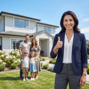 Real estate agent giving a thumbs up with a family in front of a new home.