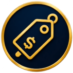 Gold no fees icon on a dark blue background, featuring a price tag with a dollar sign.