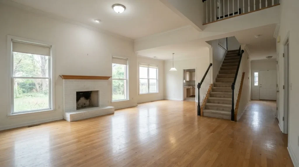 Empty living room with fireplace and staircase in an inherited house for sale in Attleboro, MA