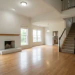 Empty living room with fireplace and staircase in an inherited house for sale in Attleboro, MA