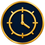 Golden clock icon on a dark blue background.