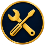Golden tools icon featuring a wrench and screwdriver on a dark blue background.