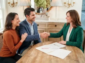 Couple shaking hands with a real estate agent in a cozy office setting.