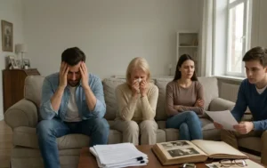 Four people sitting on a couch, displaying various emotions of concern and sadness.