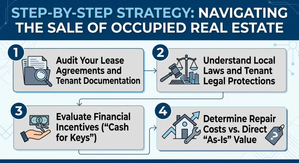 Infographic outlining steps for navigating the sale of occupied real estate.