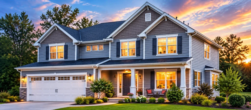 Stylish two-story house with a garage and landscaped yard at sunset.