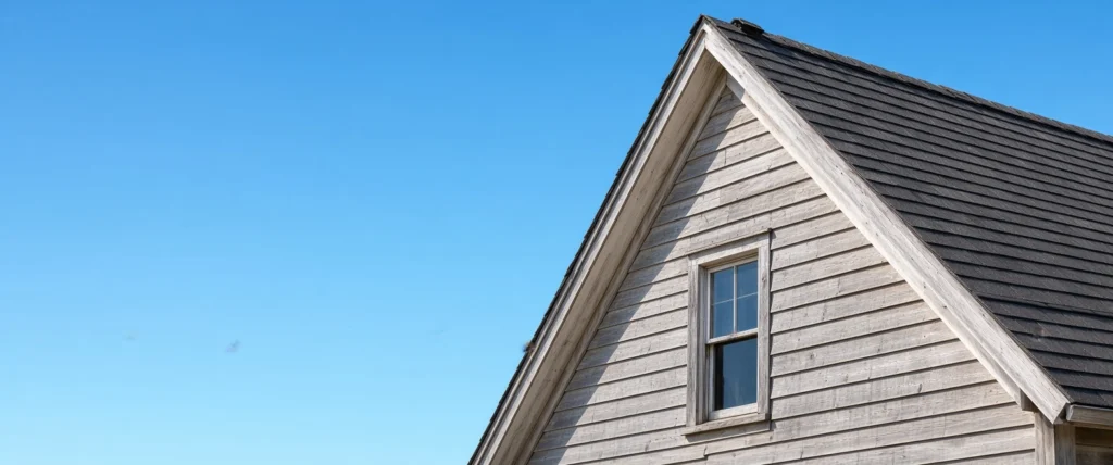 Close-up of a house roof with wooden shingles against a clear blue sky.