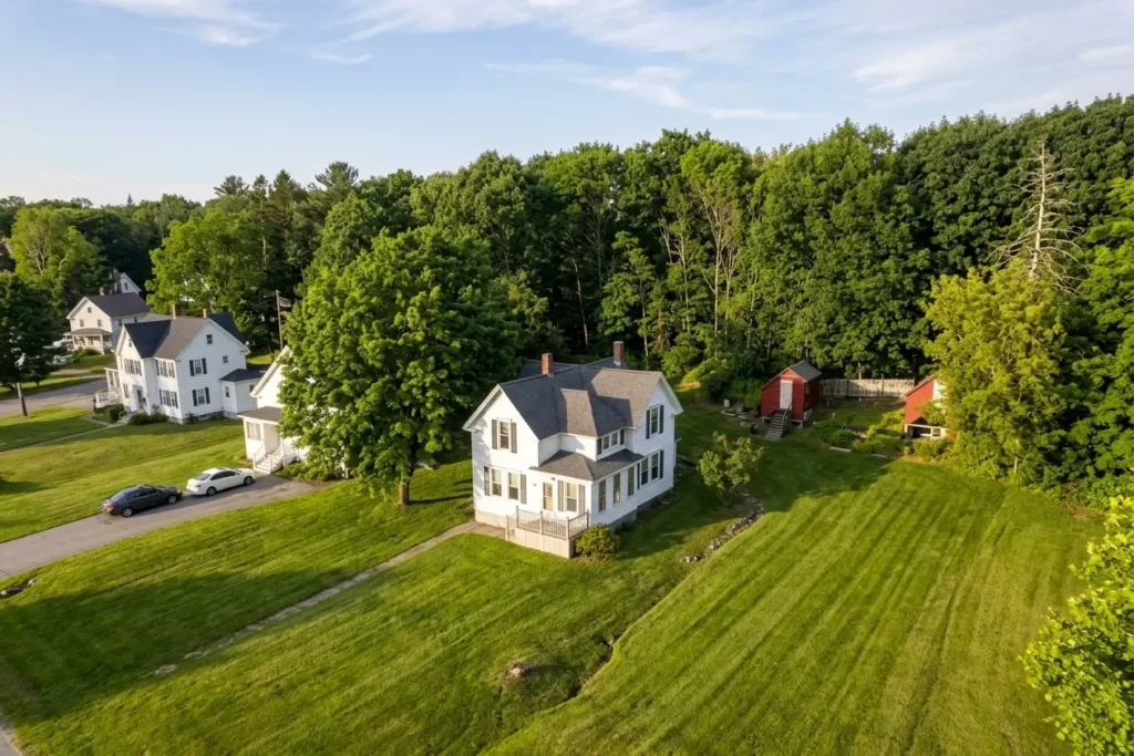 Aerial view of a white country home on a large lawn surrounded by trees, illustrating key steps to sell a rural house with Title V septic compliance.