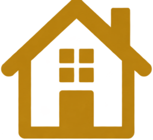 Stylized yellow house icon with a window and chimney.