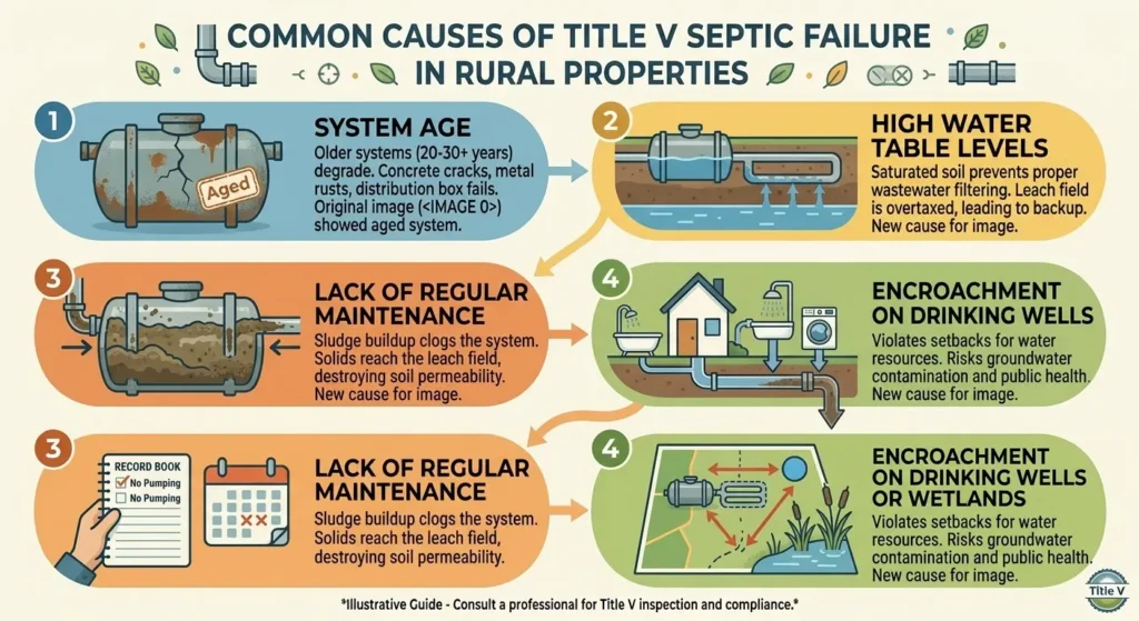 Infographic explaining common causes of septic failure—such as system age, high water tables, and lack of maintenance—to be aware of when you sell a rural house with Title V.