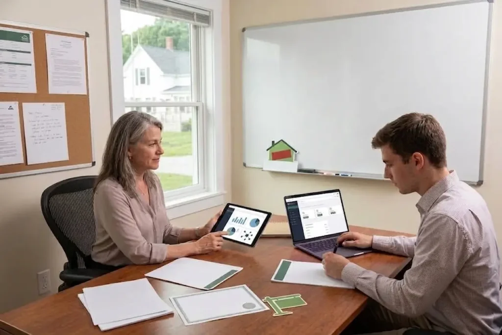A real estate professional helps a client take control of their property sale in an office, focusing on how to sell a rural house with Title V compliance using digital tools and expert advice.