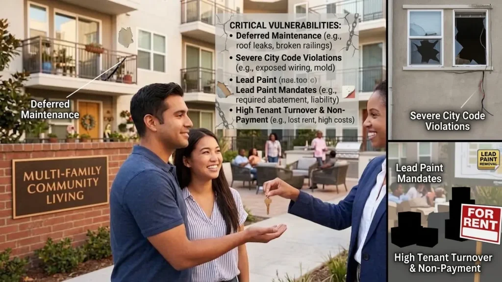 Couple receiving keys for a multi-family apartment with a notice on vulnerabilities.