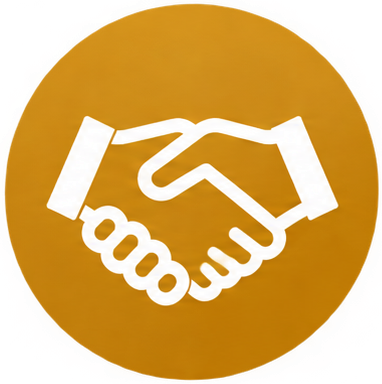 Two hands shaking in a friendly agreement icon on a gold background.
