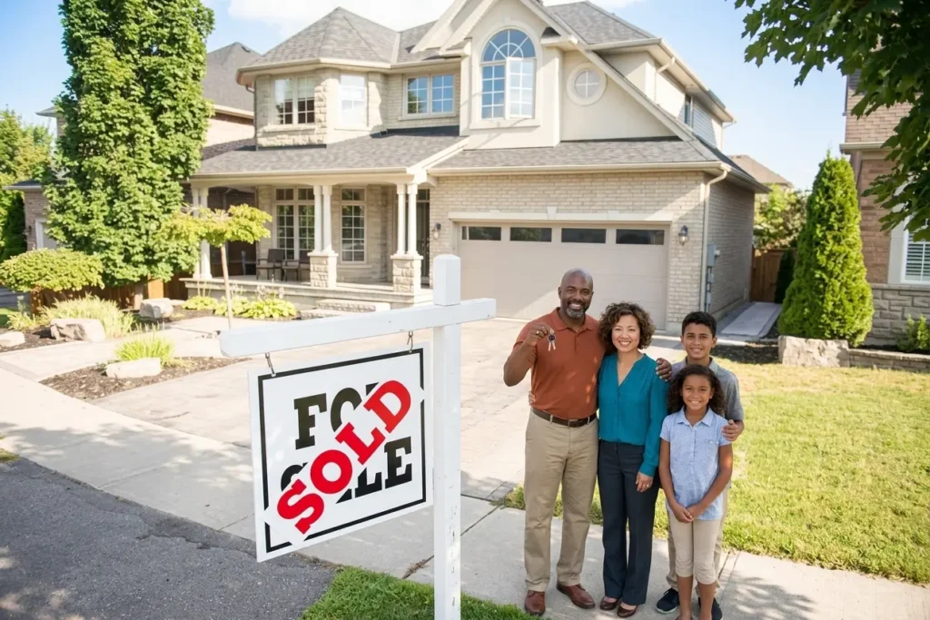 Family smiling with house keys and SOLD sign for stress-free downsizing in Bridgewater.