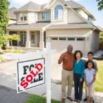 Family smiling with house keys and SOLD sign for stress-free downsizing in Bridgewater.