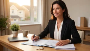 Professional woman signing documents at a desk with a cup of coffee and a plant.