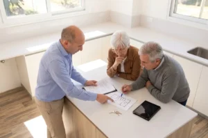 Real estate agent showing house plans to couple at a kitchen table.