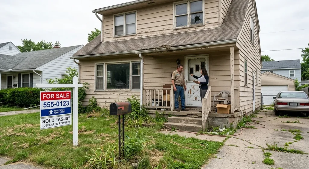 A real estate agent discusses options with a homeowner on the porch of a rundown house needing major deferred repairs, beside a yard sign marked 'Sold As-Is', representing how to sell a fixer upper in Plymouth, MA.