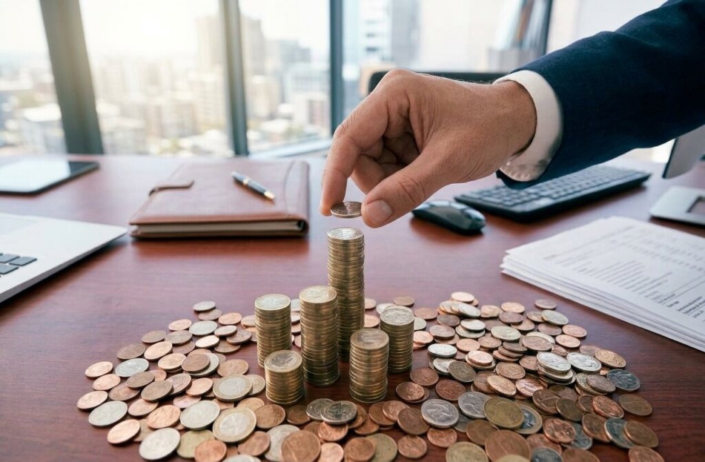 Hand placing a coin on a stack of coins in a professional office setting.