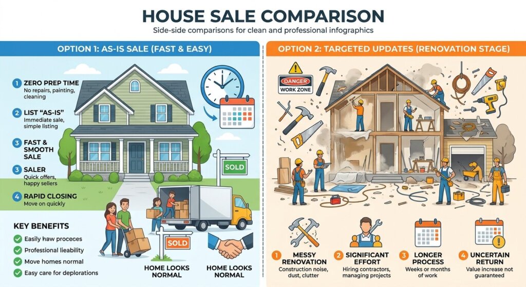 Comparison infographic of house sale options: As-Is sale vs. Renovation updates.