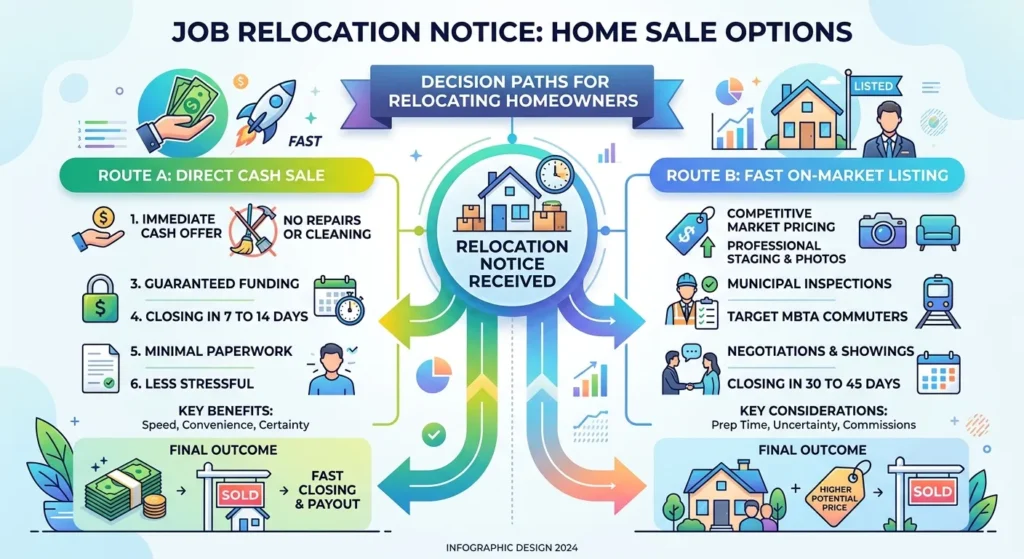 Infographic outlining job relocation notice home sale options with two routes for homeowners.