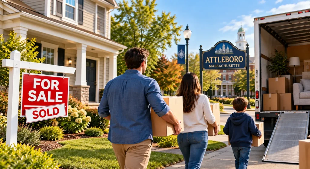 Family moving into a new home in Attleboro, Massachusetts with a 'For Sale' sign.